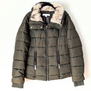 New York & Co Coat Olive Green‎ with Fur Trim Gold Zip Black Accent Warm Coat M